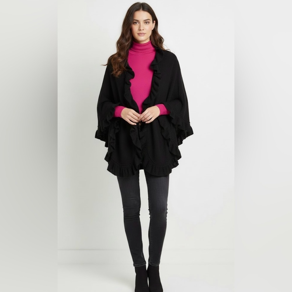 Collection Fiftynine Italian Wool Blend Ruffle Poncho Wrap OS